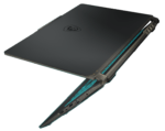 Gaming laptop shown open with blue neon accents along the hinge and sides, angled for a tech-forward look