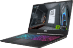 3/4 view of an MSI gaming laptop with a rainbow RGB keyboard, displaying a Portal-themed screen and an RTX badge.
