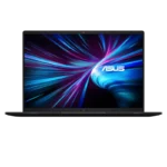Laptop with a vibrant neon wallpaper on its screen, ASUS logo visible, set against a black background.