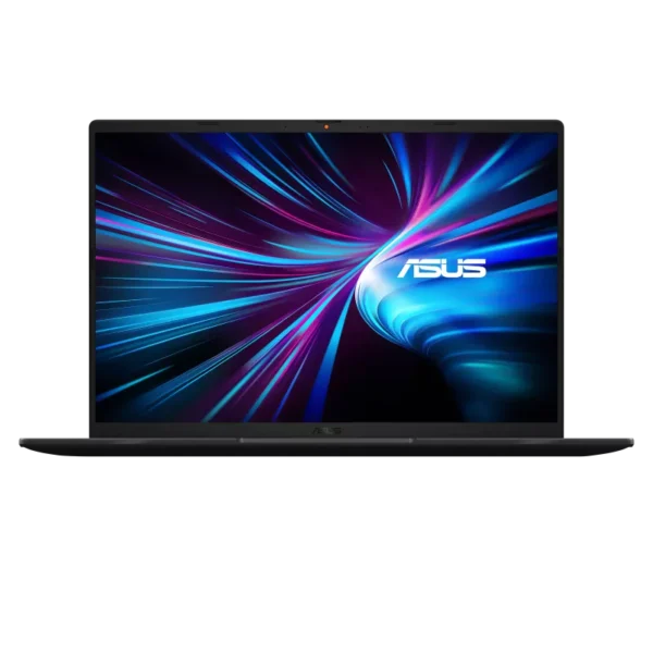 Laptop with a vibrant neon wallpaper on its screen, ASUS logo visible, set against a black background.