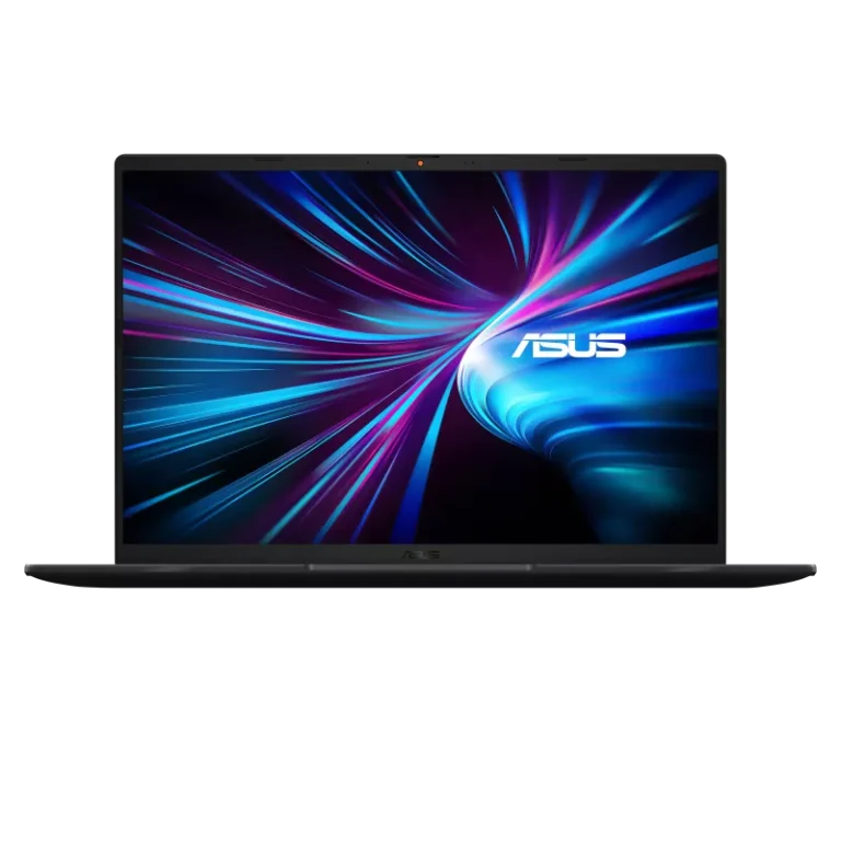 Laptop with a vibrant neon wallpaper on its screen, ASUS logo visible, set against a black background.