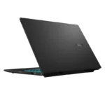 Black ASUS laptop open at a slight angle with a blue backlit keyboard on a black background, viewed from the side-rear.