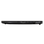 Side view of a thin black laptop closed on a black backdrop, USB port visible on the right edge