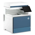 HP multifunction laser printer with the scanner lid open and a tilted touchscreen, white with a blue front panel.