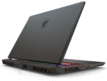Back-left perspective of a dark gray gaming laptop with RGB keyboard, showing multiple rear and side ports and a logo on the lid.