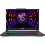 MSI gaming laptop open with a neon dragon wallpaper and rainbow RGB keyboard lighting