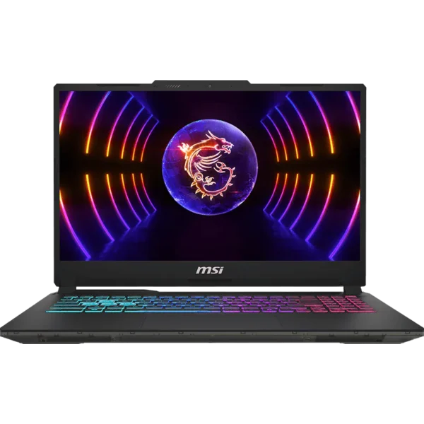 MSI gaming laptop open with a neon dragon wallpaper and rainbow RGB keyboard lighting