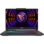 MSI gaming laptop open with a neon dragon wallpaper and rainbow RGB keyboard lighting