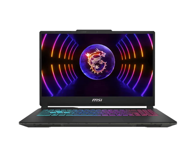 MSI gaming laptop open with a neon dragon wallpaper and rainbow RGB keyboard lighting