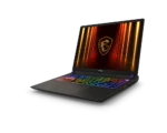 MSI gaming laptop open, with RGB-lit keyboard on a dark background shows a glowing screen with MSI logo