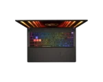 Open, black gaming laptop viewed from above with a rainbow RGB keyboard and glowing lid design on a dark background.