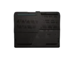 Back view of a dark rugged laptop with vent grills and diagonal strap design