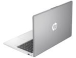Open silver HP laptop shown from a rear-left angle, keyboard and trackpad visible with HP logo on the lid