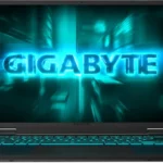 Open laptop displaying a glowing blue 'GIGABYTE' logo on a neon-lit blue background.