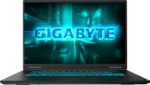 Open laptop displaying a glowing blue 'GIGABYTE' logo on a neon-lit blue background.