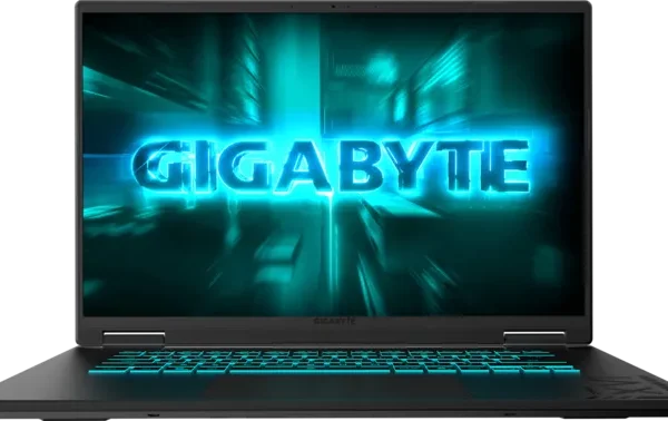 Open laptop displaying a glowing blue 'GIGABYTE' logo on a neon-lit blue background.