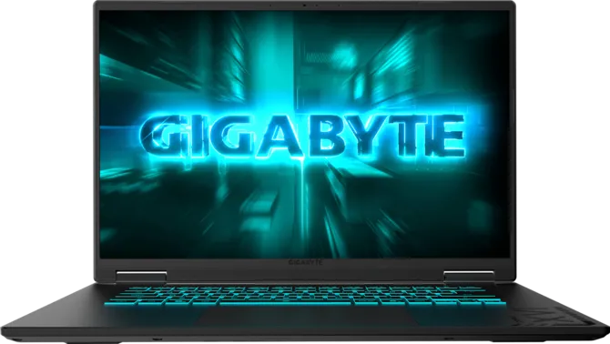 Open laptop displaying a glowing blue 'GIGABYTE' logo on a neon-lit blue background.