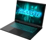 Gaming laptop with teal backlit keyboard, screen glowing with a blue GIGABYTE logo graphic.