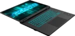 Angled gaming laptop with cyan-backlit keyboard; screen shows neon blue graphics and the word 'GIGABYTE'.