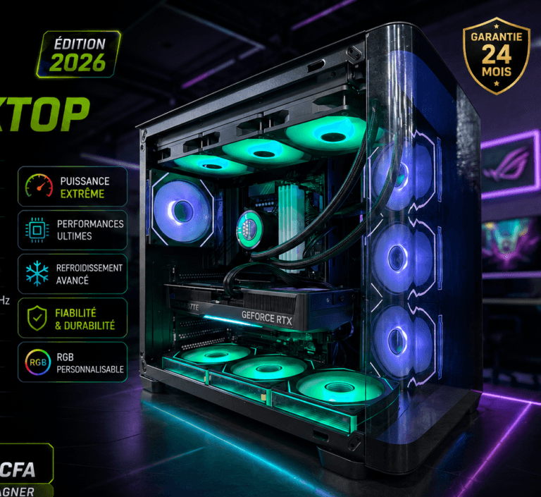 High-end gaming PC with RGB lighting and transparent side panel showcasing illuminated fans and GPU inside.