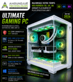 Cover image of a tech magazine titled 'Ultimate Gaming PC' featuring a transparent white gaming PC with green-blue internal lighting. Left column lists components like Intel Core Ultra, RTX 5080, 64GB RAM, 2TB NVMe, Windows 11, and RGB keyboard/mouse. | Ahoundjuè Technologies Cover image of a tech magazine titled 'Ultimate Gaming PC' featuring a transparent white gaming PC with green-blue internal lighting. Left column lists components like Intel Core Ultra, RTX 5080, 64GB RAM, 2TB NVMe, Windows 11, and RGB keyboard/mouse.