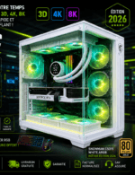 Gaming PC with a transparent case, RGB cooling fans, and a GeForce RTX card; advertising 3D/4K/8K and the 2026 edition. | Ahoundjuè Technologies Gaming PC with a transparent case, RGB cooling fans, and a GeForce RTX card; advertising 3D/4K/8K and the 2026 edition.