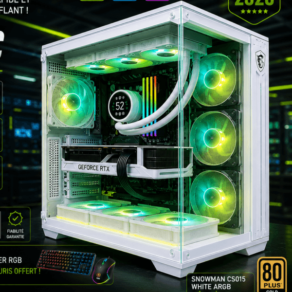 Gaming PC with a transparent case, RGB cooling fans, and a GeForce RTX card; advertising 3D/4K/8K and the 2026 edition.