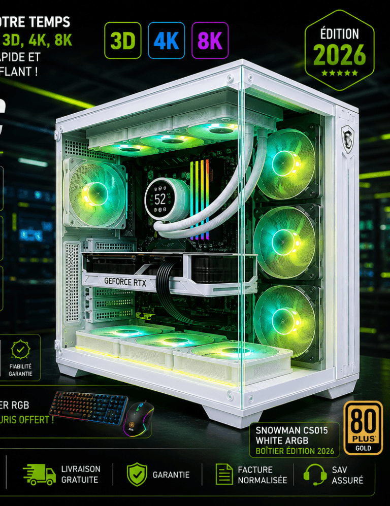 Gaming PC with a transparent case, RGB cooling fans, and a GeForce RTX card; advertising 3D/4K/8K and the 2026 edition.