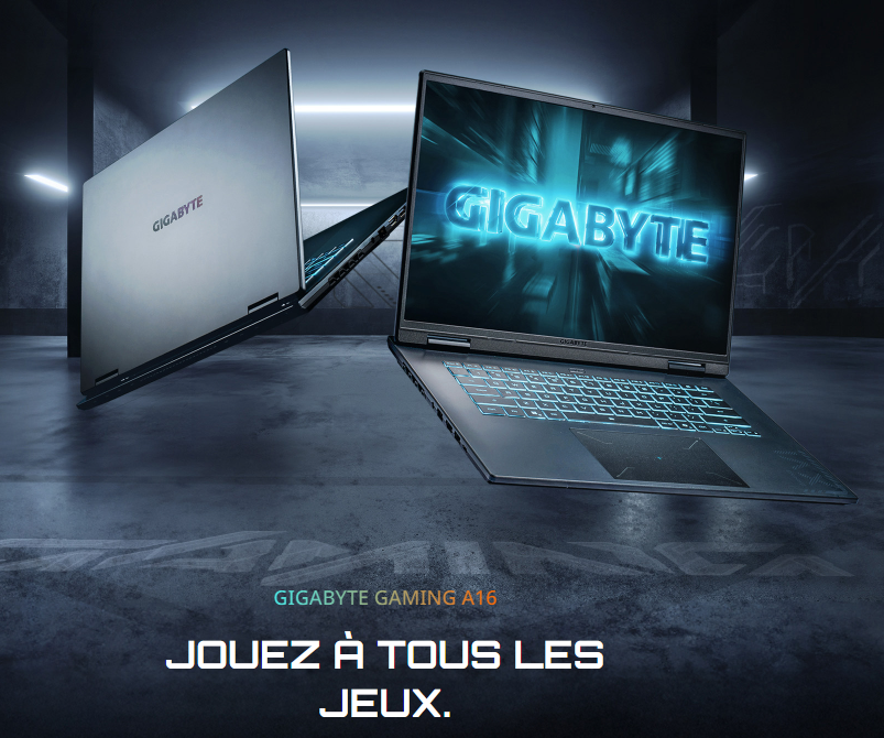 Deux ordinateurs portables de jeu Gigabyte dans un décor sombre, écran bleu affichant'GIGABYTE' et le slogan 'JOUEZ À TOUS LES JEUX'. GIGABYTE GAMING A16