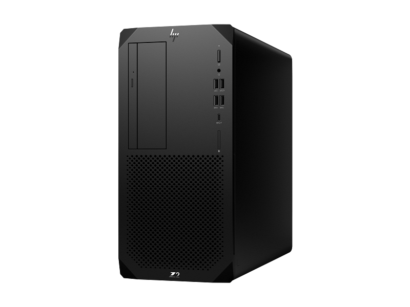 Black mid-tower desktop PC with front USB ports, audio jacks, power button, optical drive bay, and perforated vent area; Z2 branding at bottom.