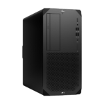 Black mid-tower desktop PC with front USB ports, audio jack, optical drive, and a large perforated vent panel at the front.