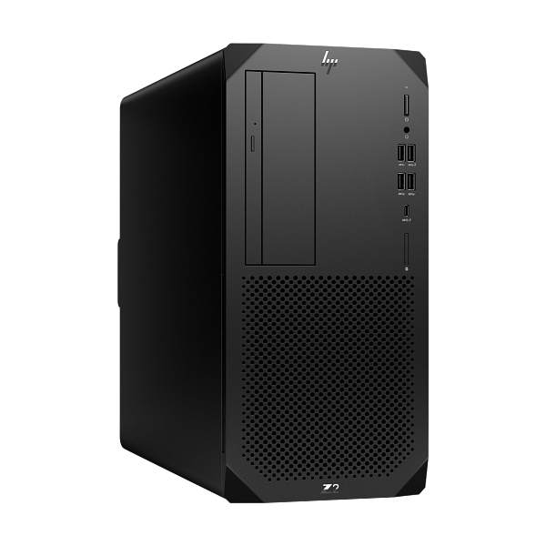 Black mid-tower desktop PC with front USB ports, audio jack, optical drive, and a large perforated vent panel at the front.