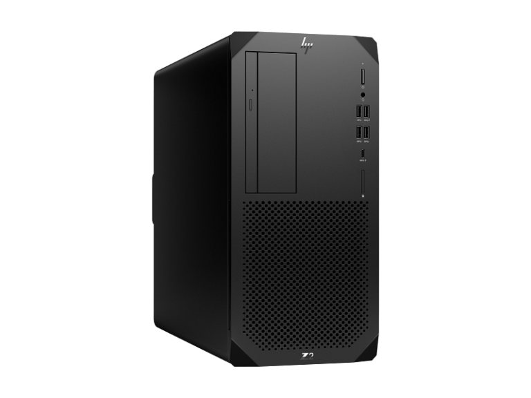 Black mid-tower desktop PC with front USB ports, audio jack, optical drive, and a large perforated vent panel at the front.
