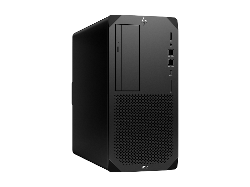 Black mid-tower desktop PC with front USB ports, audio jack, optical drive, and a large perforated vent panel at the front.
