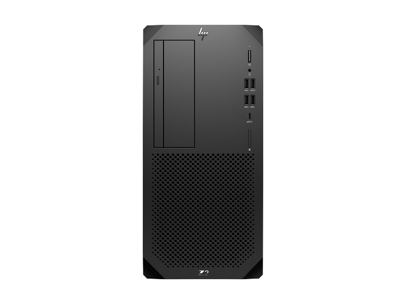 Front view of a black desktop computer tower with a slim drive bay on the left, USB ports and audio jacks on the right, and a large perforated ventilation area below.