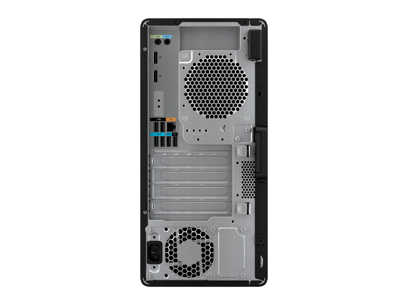 Back view of a desktop PC case showing the power supply, large rear fan, expansion slots, and I/O ports on the back panel