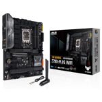 ASUS TUF Gaming Z790-Plus WiFi motherboard shown beside its box.