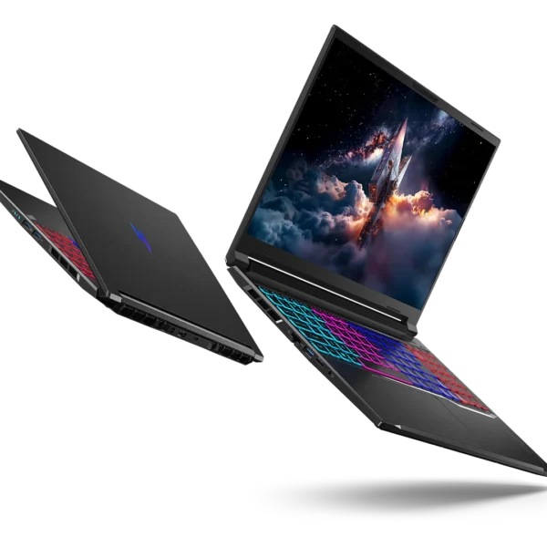 Black gaming laptop with a multi-color RGB keyboard and a space-themed wallpaper on the screen
