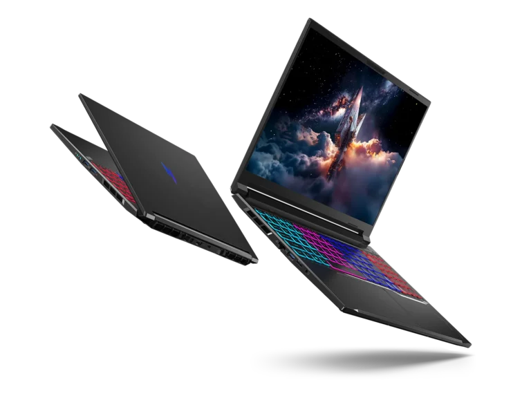 Black gaming laptop with a multi-color RGB keyboard and a space-themed wallpaper on the screen