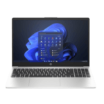 White HP laptop open, showing Windows 11 desktop with blue wallpaper and start menu.