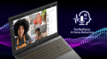 Laptop screen shows a four-person video call; background features the "PurifiedVoice AI Noise Reduction" logo with an audio waveform. | Ahoundjuè Technologies Laptop screen shows a four-person video call; background features the "PurifiedVoice AI Noise Reduction" logo with an audio waveform.
