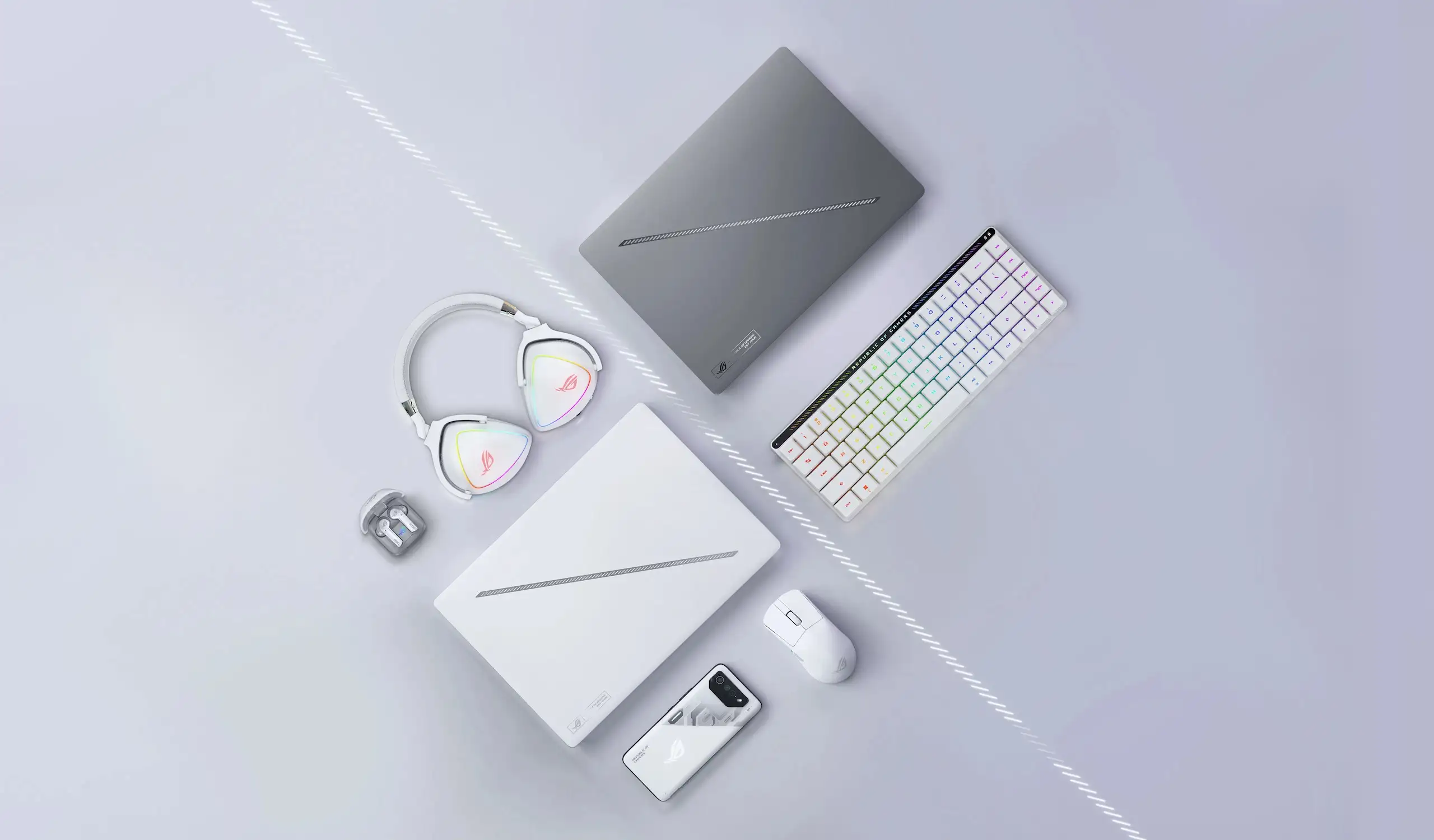 Top-down view of a laptop, RGB keyboard, white headset, mouse, and smartphones on a pale lavender desk | Ahoundjuè Technologies Top-down view of a laptop, RGB keyboard, white headset, mouse, and smartphones on a pale lavender desk
