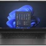 HP laptop displaying Windows 11 desktop with the Start menu open over a blue abstract wallpaper.