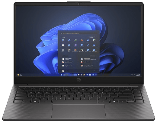 HP laptop displaying Windows 11 desktop with the Start menu open over a blue abstract wallpaper.