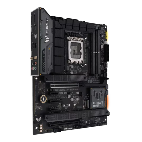 ASUS TUF GAMING motherboard with CPU socket and PCIe slots visible in a gaming setup.