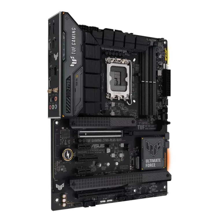 ASUS TUF GAMING motherboard with CPU socket and PCIe slots visible in a gaming setup.