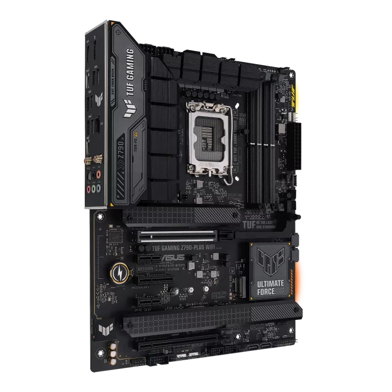 ASUS TUF GAMING motherboard with CPU socket and PCIe slots visible in a gaming setup.