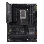 ASUS TUF Gaming Z790-Plus WiFi motherboard seen from above, showing CPU socket, PCIe slot, RAM slots, and branding panels (Ultimate Force).
