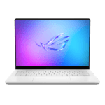 White open laptop on a black background, screen shows a blue–purple gradient wallpaper with a metallic logo.