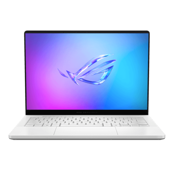 White open laptop on a black background, screen shows a blue–purple gradient wallpaper with a metallic logo.